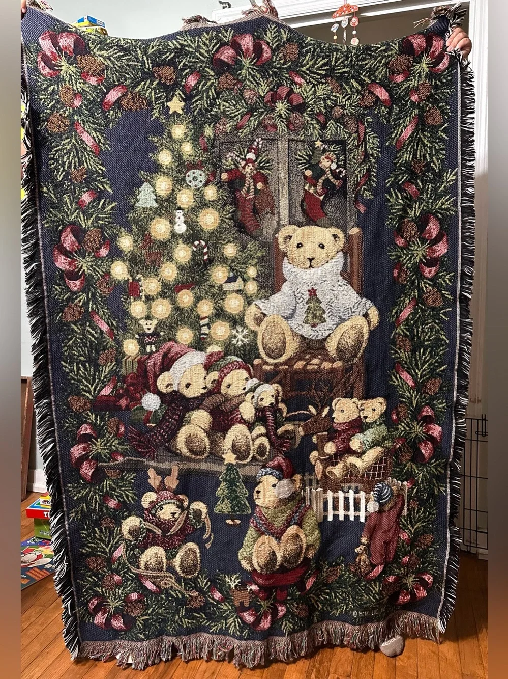 Vintage Hallmark Christmas Bears Woven Cotton Christmas Bears Tapestry